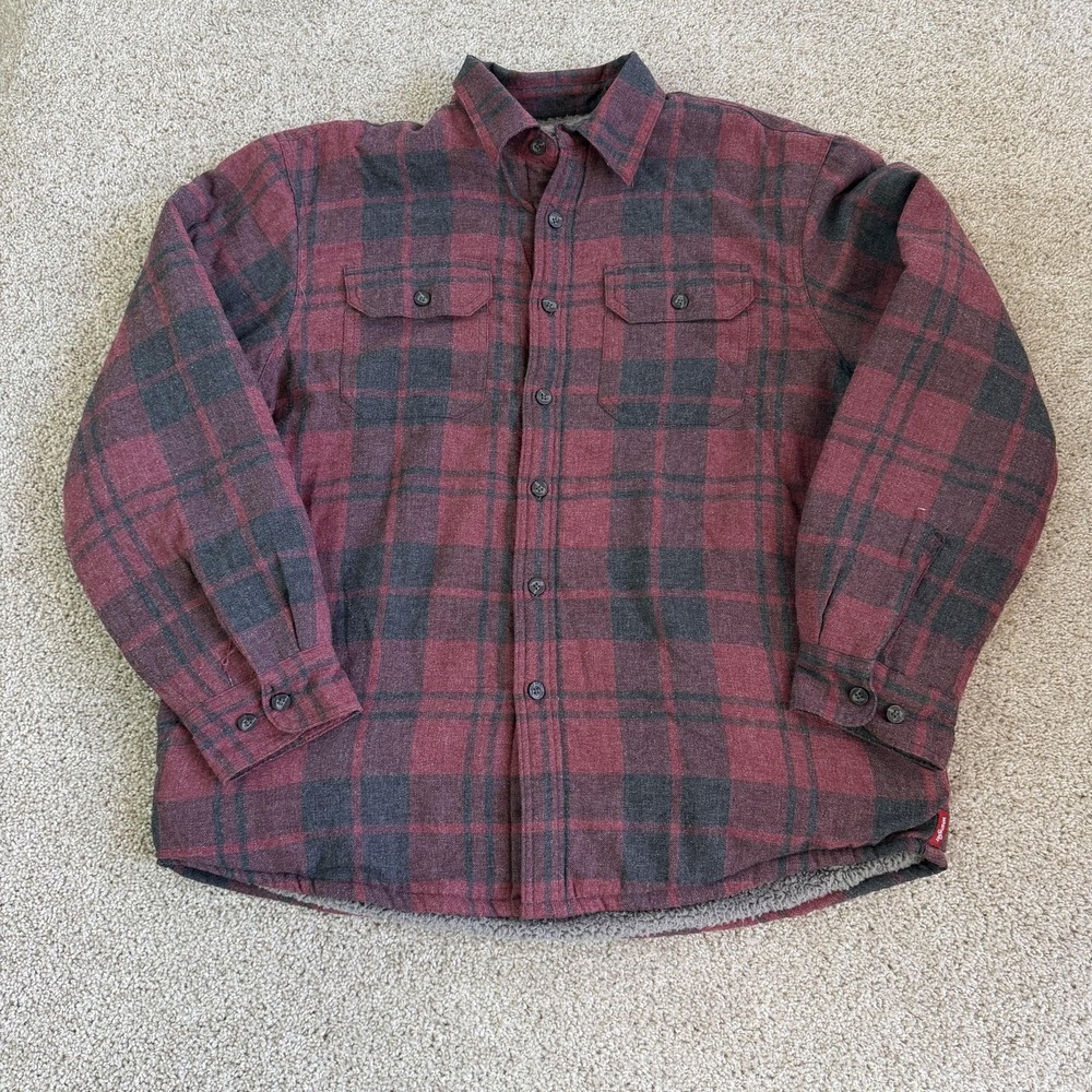 Wrangler Jacket Mens Large Red Gray Plaid Flannel Sherpa Lined Button Puffer